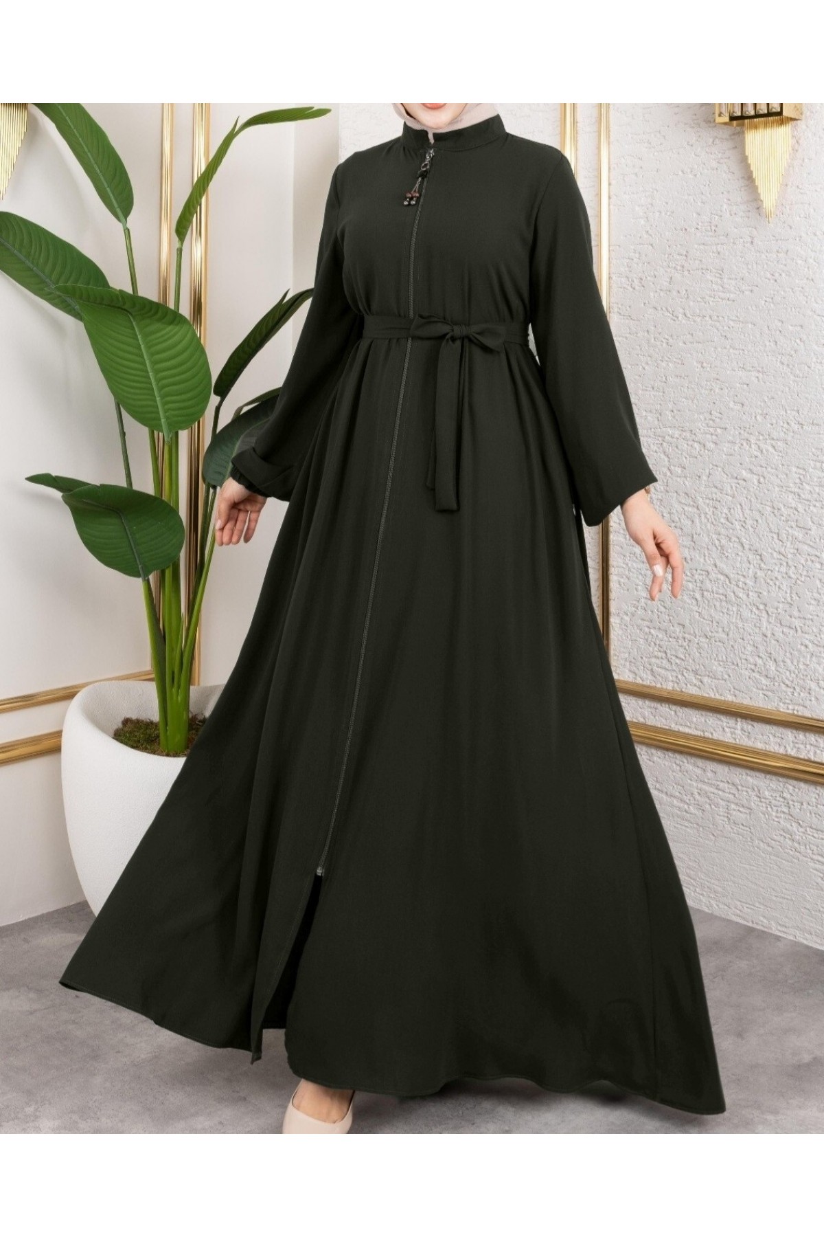 Fermuarlı Kolu Lastikli Beli Kemerli Medine İpeği  Ferace -Haki