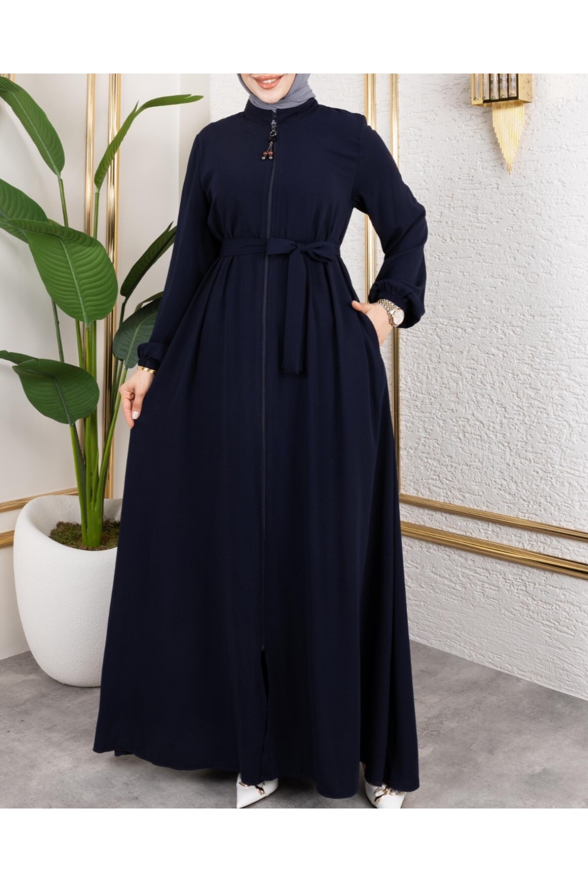 Fermuarlı Kolu Lastikli Beli Kemerli Medine İpeği  Ferace -Laci