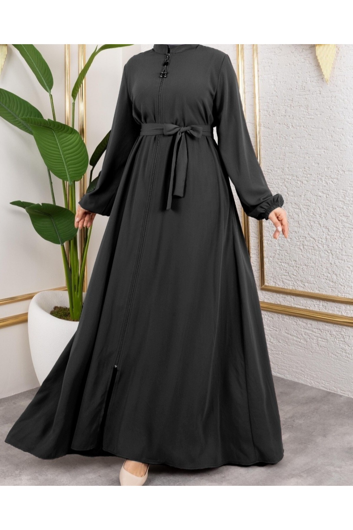 Fermuarlı Kolu Lastikli Beli Kemerli Medine İpeği  Ferace-Siyah