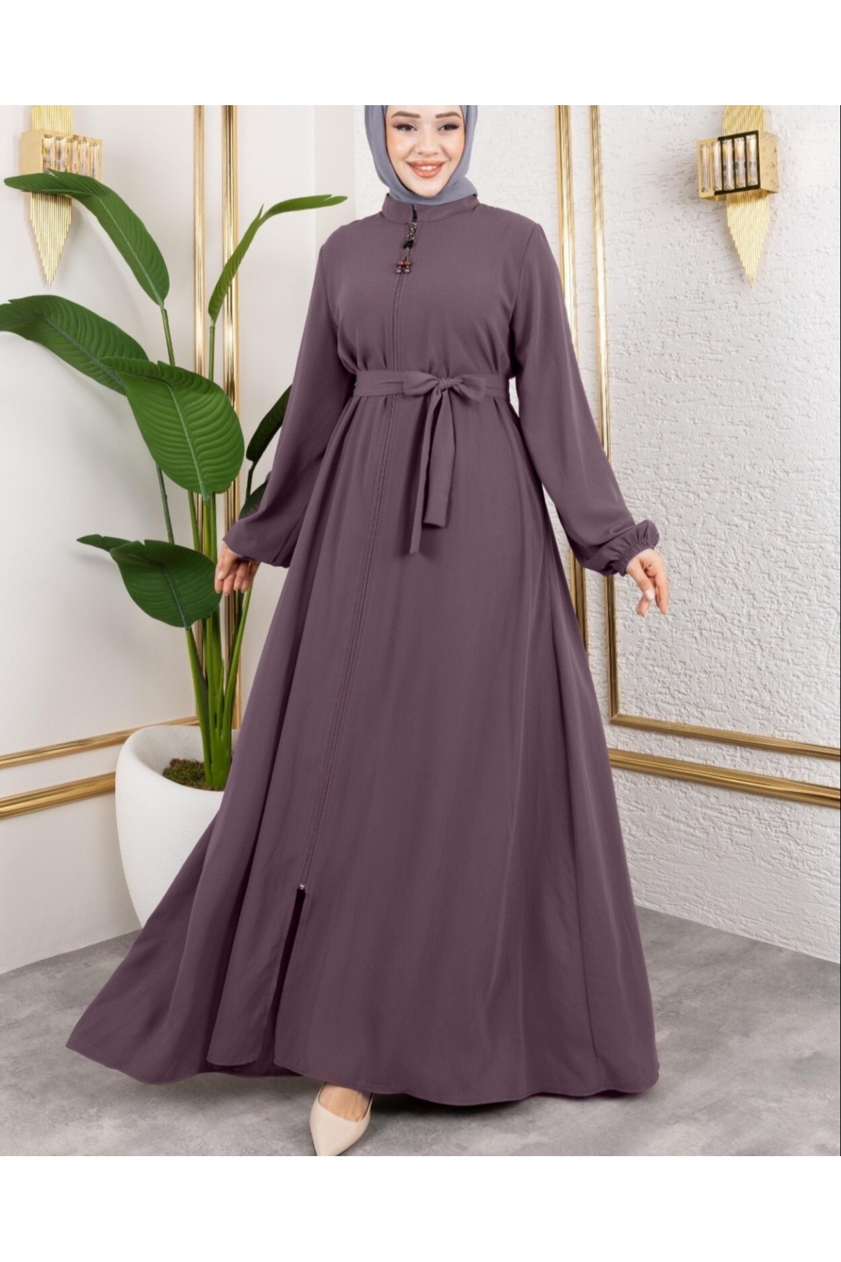 Fermuarlı Kolu Lastikli Beli Kemerli Medine İpeği  Ferace -Vişne