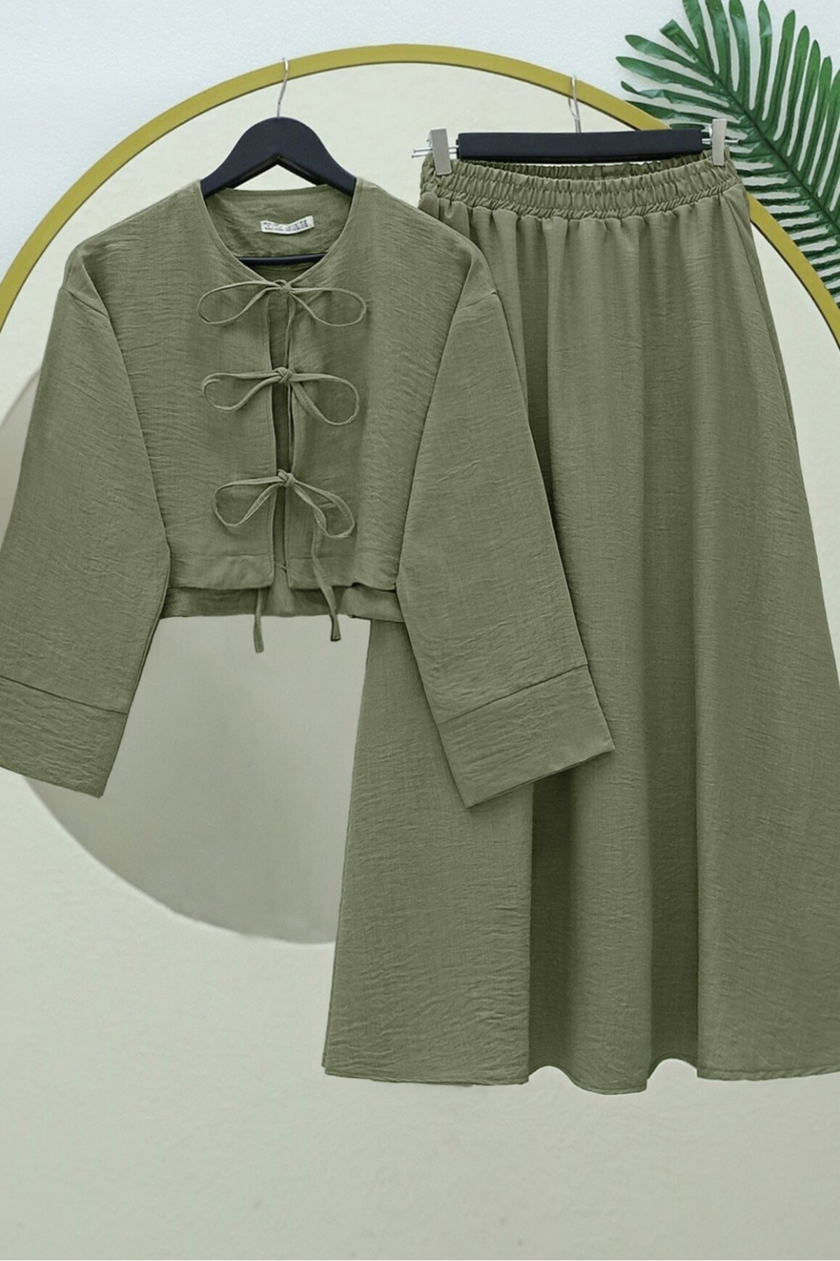 Önü Bağcıklı Beli Lastikli Etekli Keten Takım    -Haki