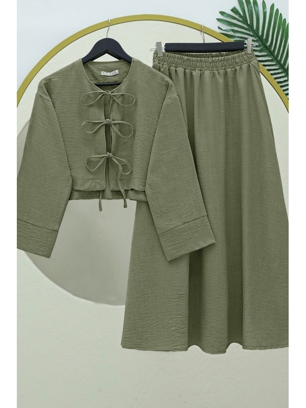 Önü Bağcıklı Beli Lastikli Etekli Keten Takım    -Haki