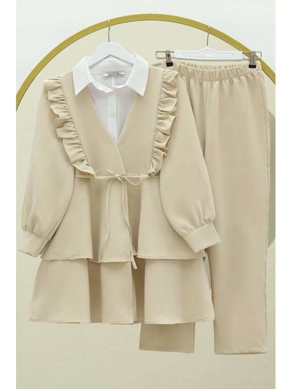 Önü Fırfırlı Bağcıklı Eteği Katlı Pantolonlu Kimono Takım  -Krem
