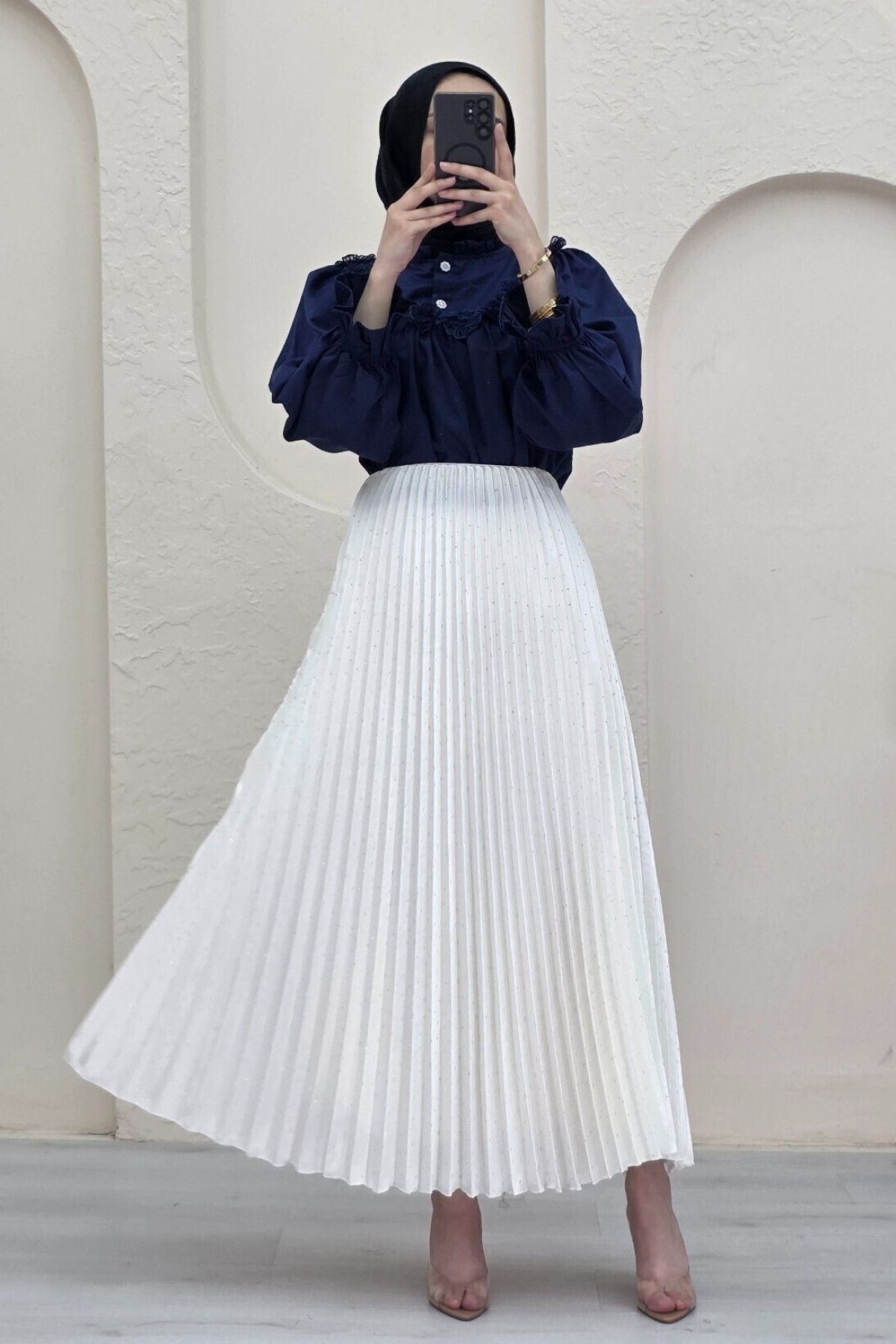 Taşlı Pliseli Etek  -Krem