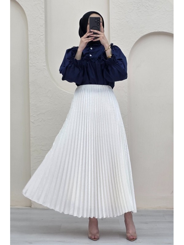 Taşlı Pliseli Etek  -Krem