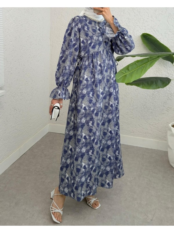 Yarım Düğmeli Beli Bağcıklı Desenli Elbise  -İndigo