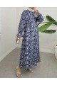 Yarım Düğmeli Beli Bağcıklı Desenli Elbise  -İndigo