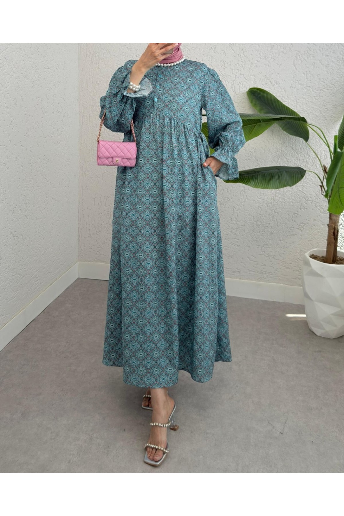 Yarım Düğmeli Beli Bağcıklı Desenli Elbise  -Mint