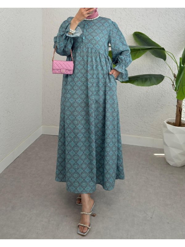 Yarım Düğmeli Beli Bağcıklı Desenli Elbise  -Mint