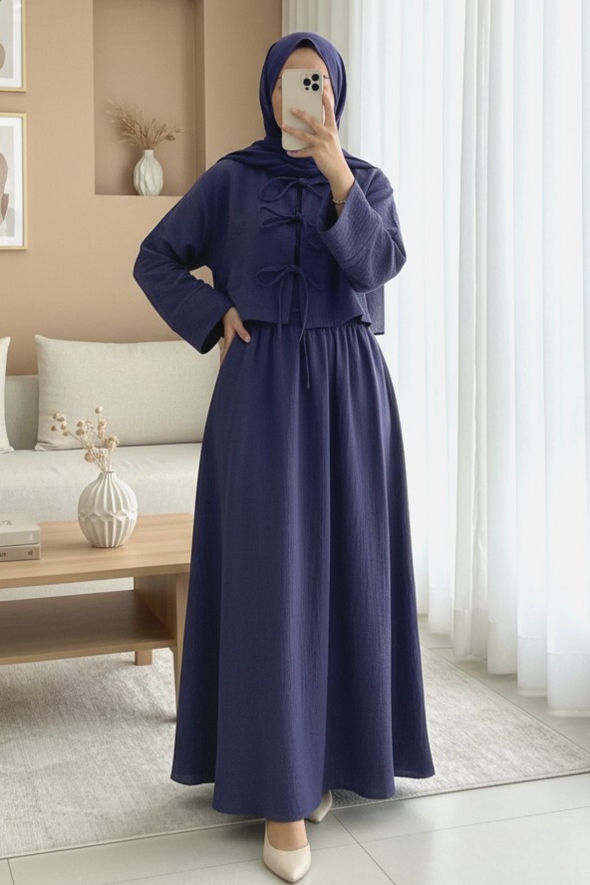 Önü Bağcıklı Beli Lastikli Etekli Keten Takım     -Laci