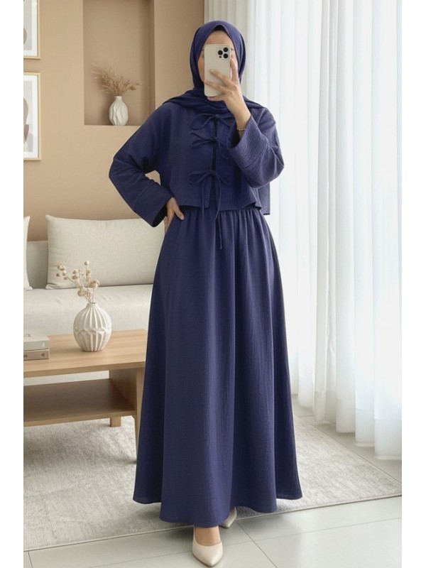 Önü Bağcıklı Beli Lastikli Etekli Keten Takım     -Laci