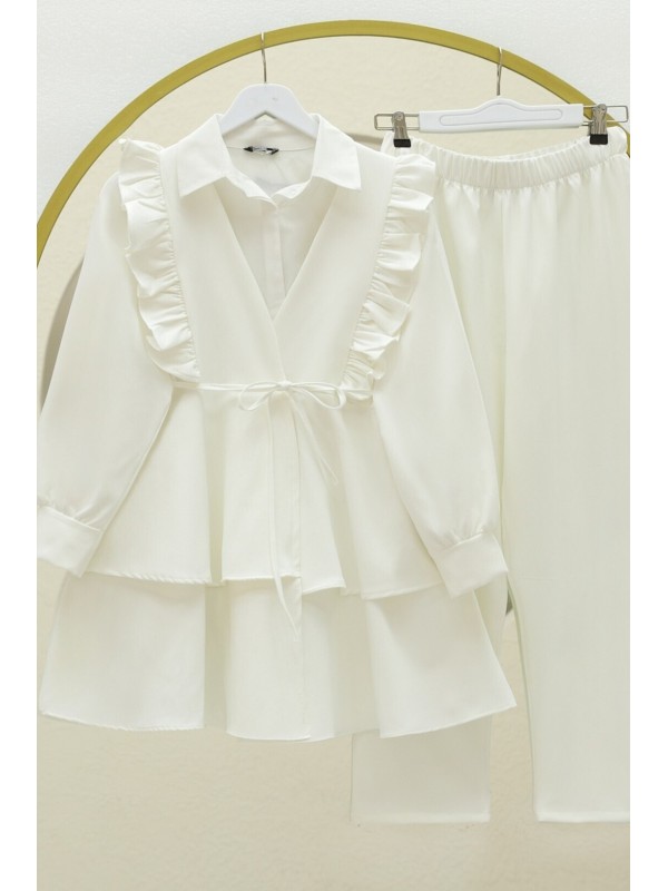 Önü Fırfırlı Bağcıklı Eteği Katlı Pantolonlu Kimono Takım   -Beyaz