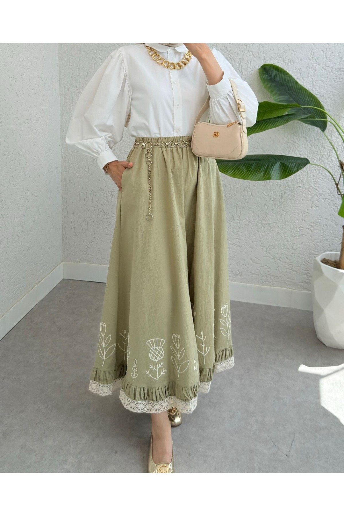 Dantel İşlemeli Beli Lastikli Etek -Çağla Y.