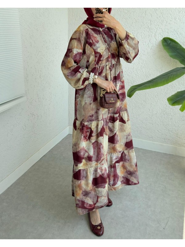 Yarım Düğmeli Kolu Lastikli Batik Desenli Elbise -Bordo