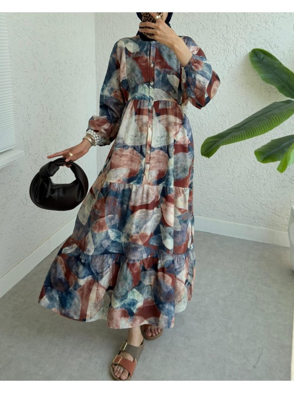 Yarım Düğmeli Kolu Lastikli Batik Desenli Elbise -Kiremit