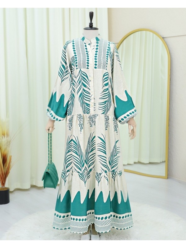 Dik Yaka Yarım Düğmeli Yaprak Desen Elbise -Orman Yş.