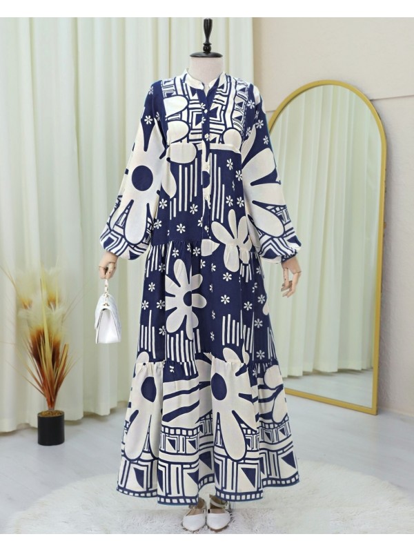 Yarım Düğmeli Parçalı Çiçekli Pamuklu Poliviskon Elbise -Laci