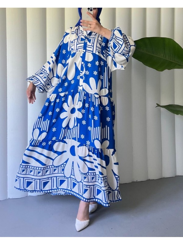 Yarım Düğmeli Parçalı Çiçekli Pamuklu Poliviskon Elbise-Mavi