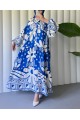 Yarım Düğmeli Parçalı Çiçekli Pamuklu Poliviskon Elbise-Mavi