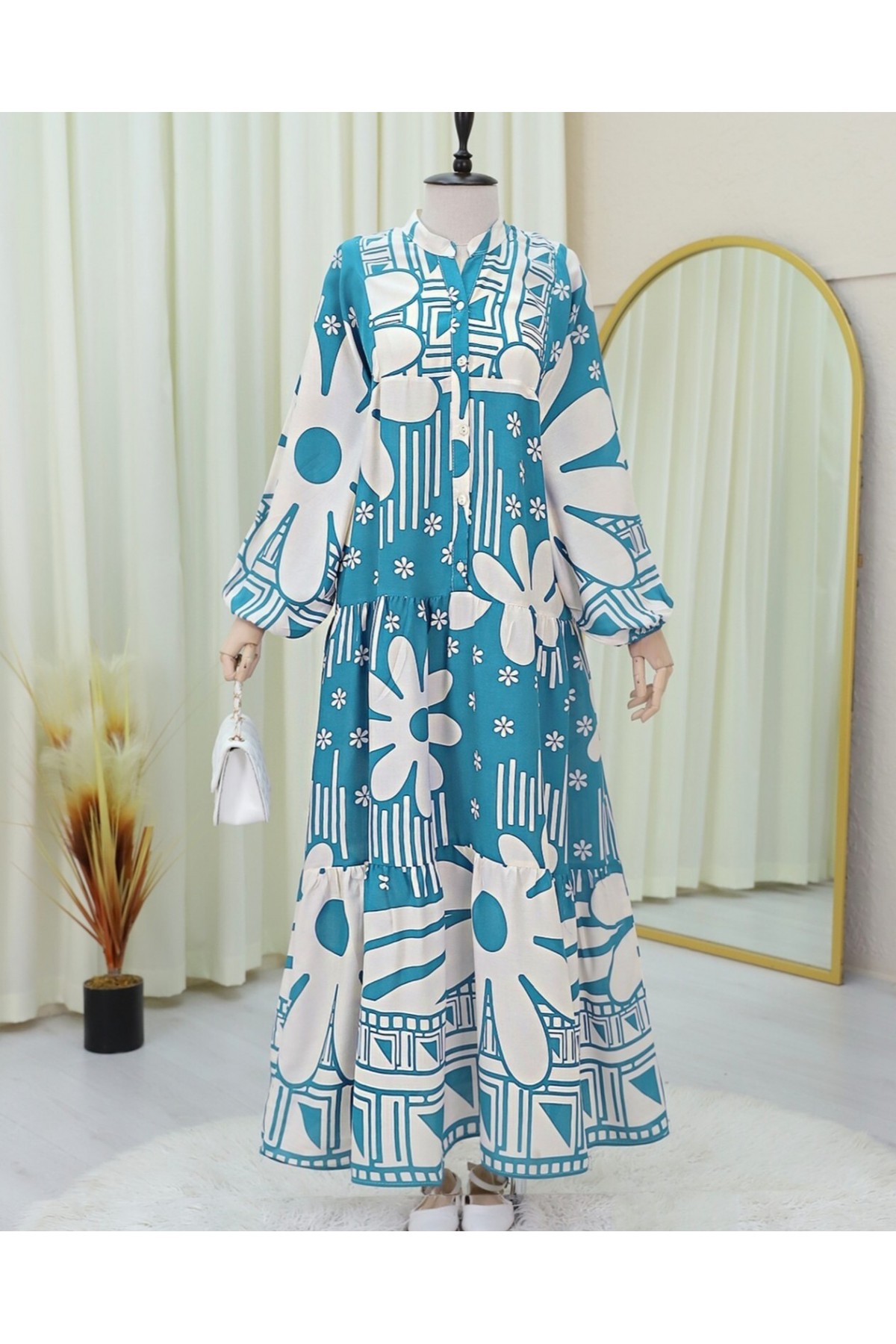 Yarım Düğmeli Parçalı Çiçekli Pamuklu Poliviskon Elbise -Mint