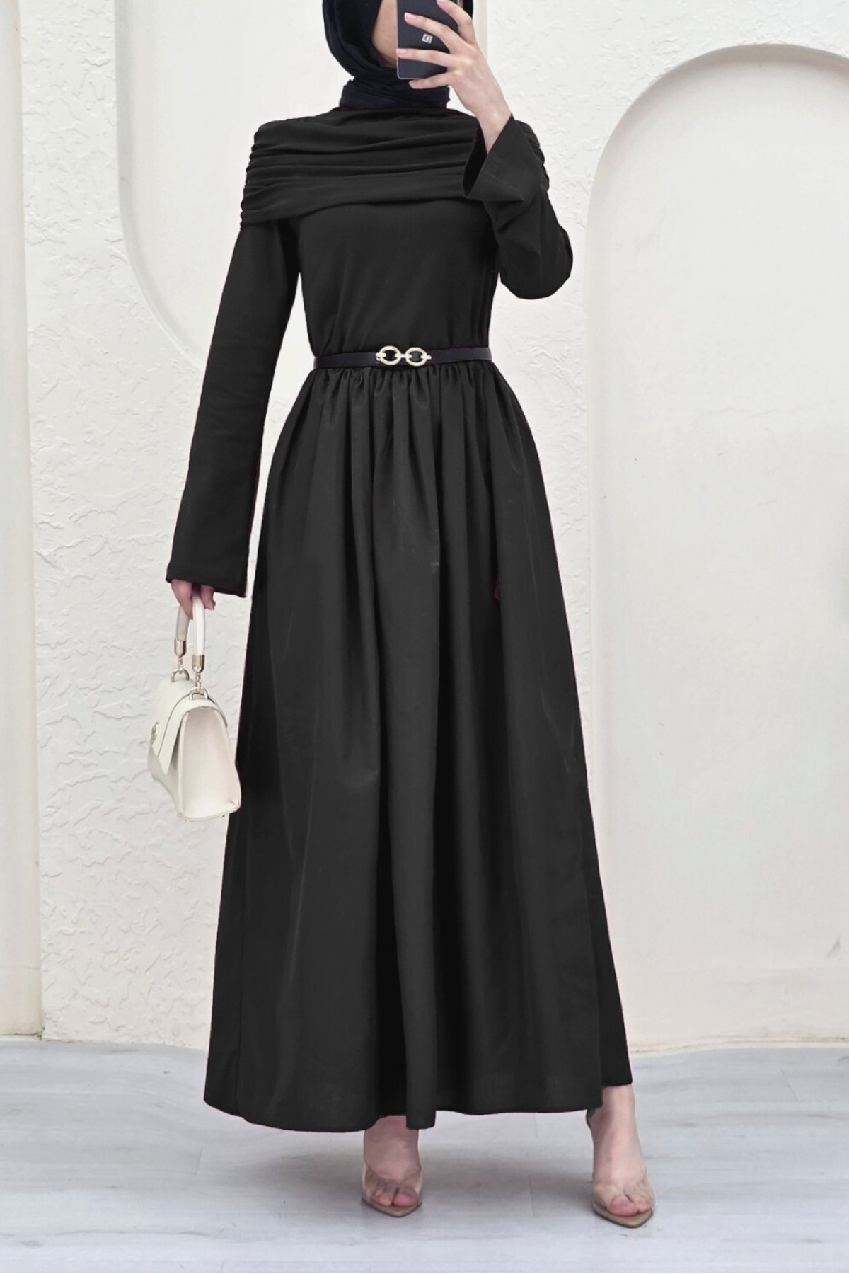 Eteği Poplin Üstü Sendy İki Parçalı Pileli Elbise -Siyah