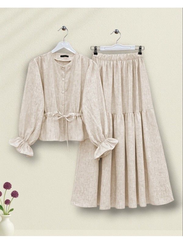 Önü Düğmeli Kolu Lastikli Tünel Bağcıklı Keten Takım  -Bej