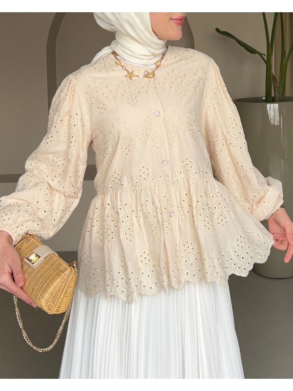 Kolu Lastikli Ajurlu Düğmeli Astarlı Gömlek -Bej