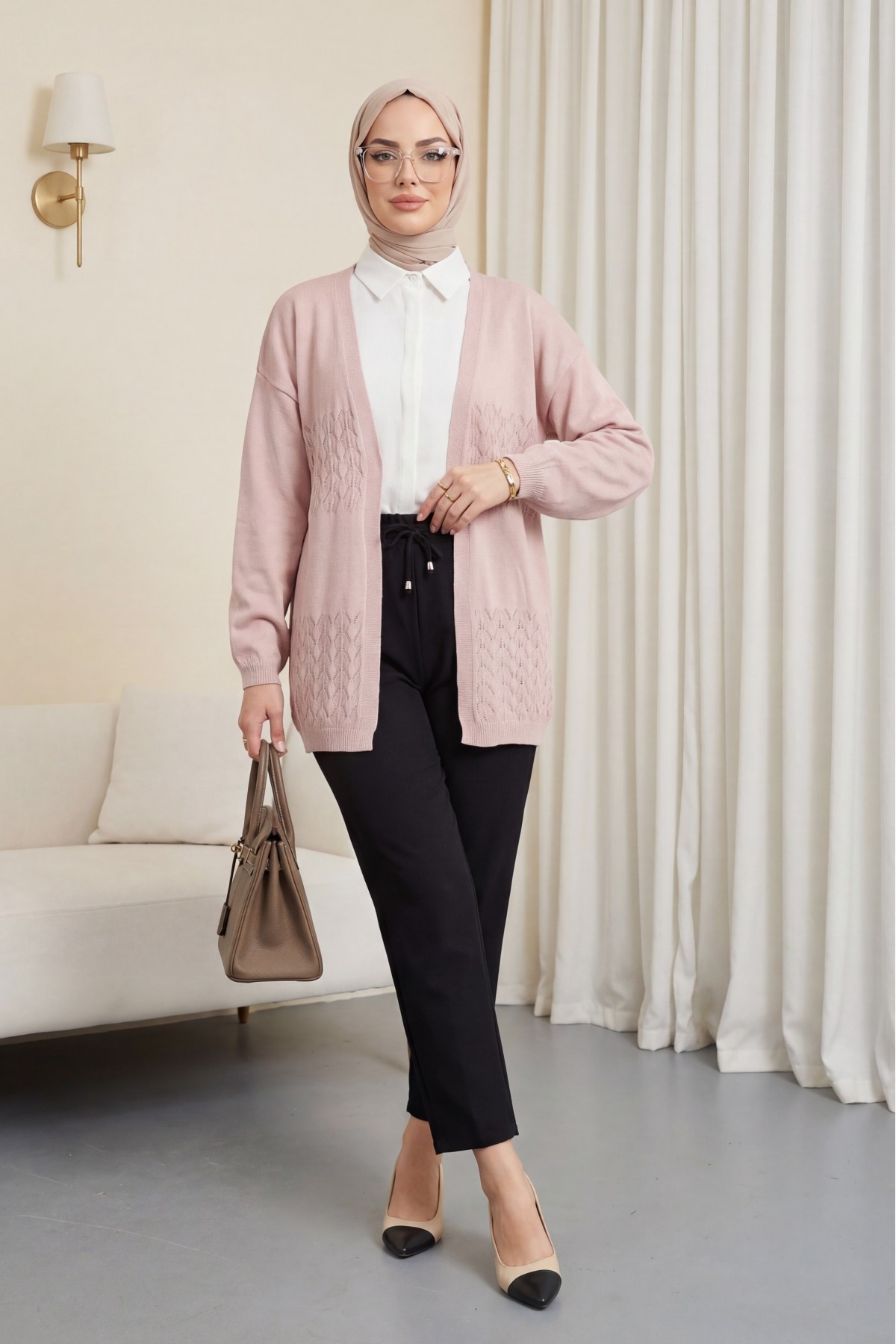 Araboy Ajurlu Triko Hırka -Pudra