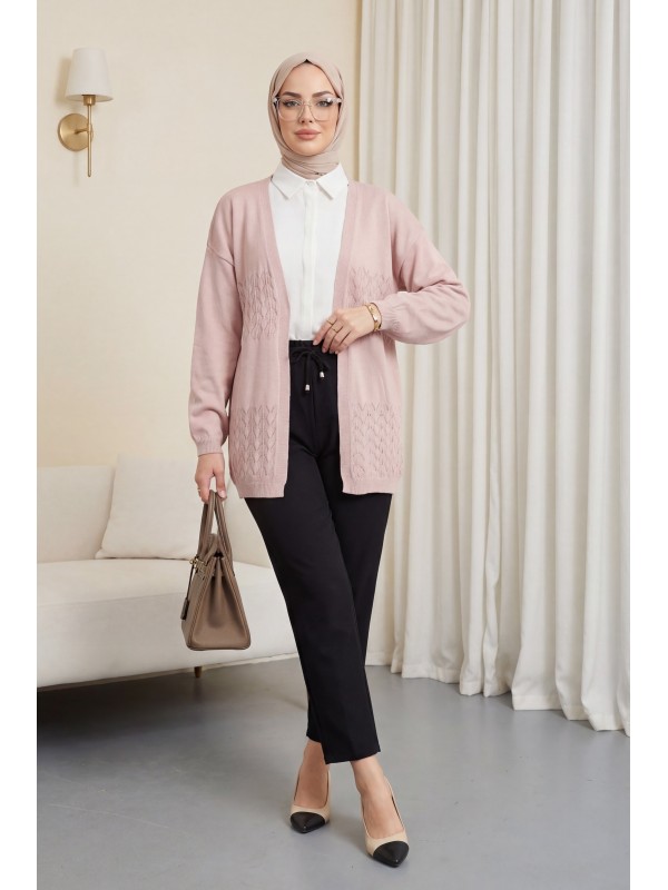 Araboy Ajurlu Triko Hırka -Pudra