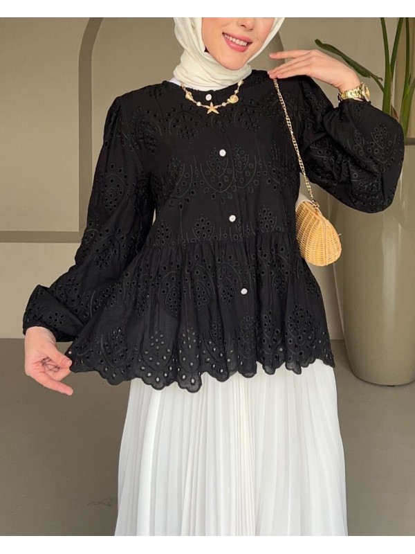 Kolu Lastikli Ajurlu Düğmeli Astarlı Gömlek -Siyah