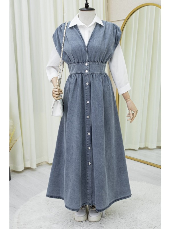 Boydan Düğmeli V Yaka Sıfır Kol Kot Jile -Buz Mavi