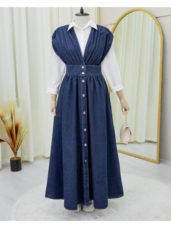 Boydan Düğmeli V Yaka Sıfır Kol Kot Jile -Laci