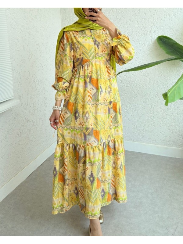 Yandan Bağcıklı Kolu Lastikli Yarım Düğmeli Viskon Elbise -Yağ Yeşili