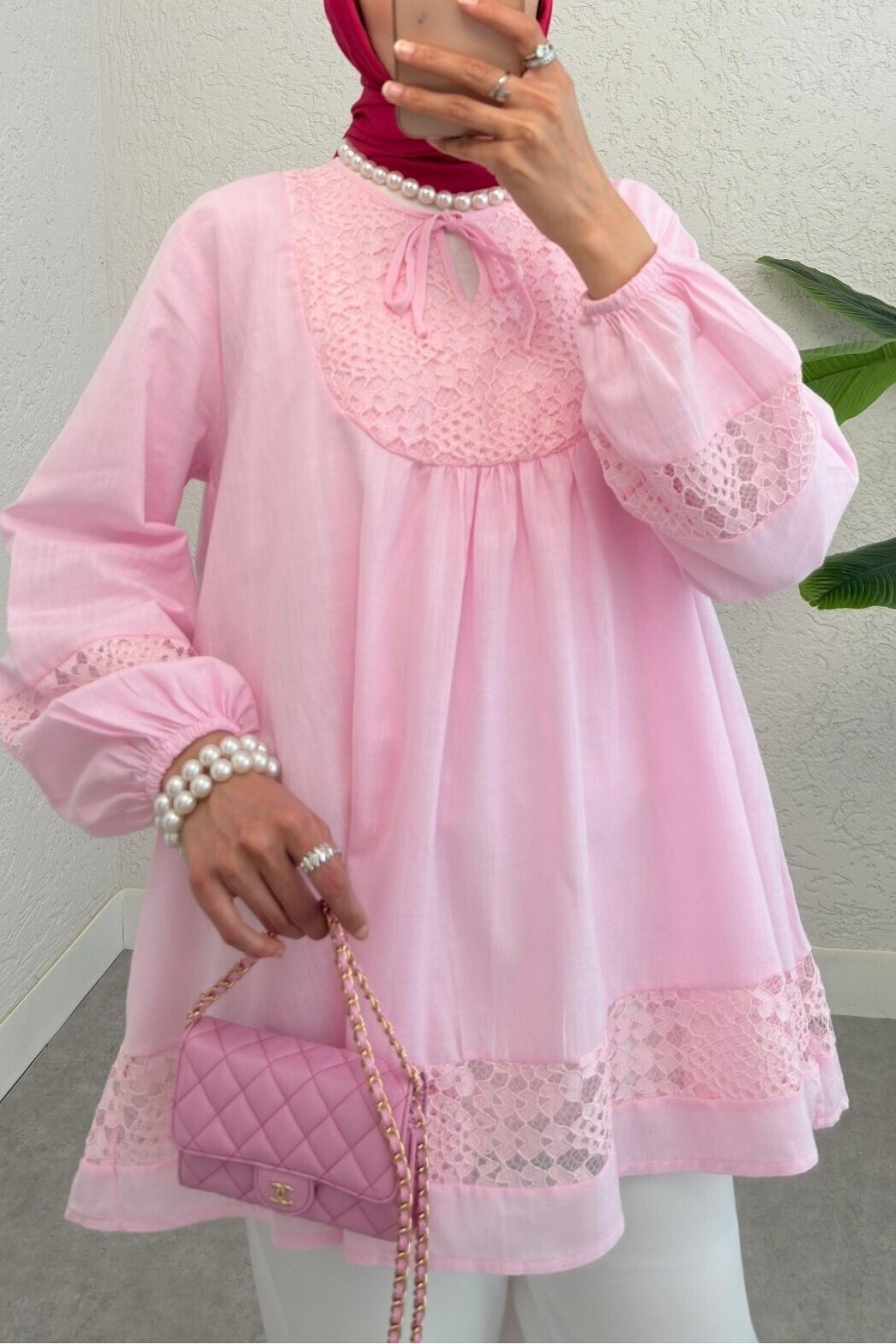 Dantel Detaylı Yakası Bağlamalı Kolu Lastikli Gömlek -Pembe