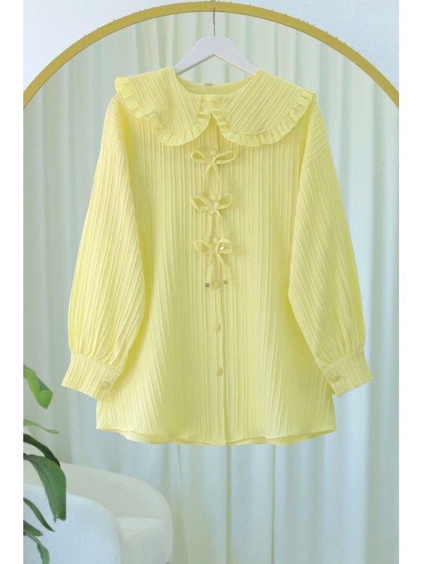 Önü Kurdele Detaylı Düğmeli Önlük Yaka Gömlek -Açık Sarı