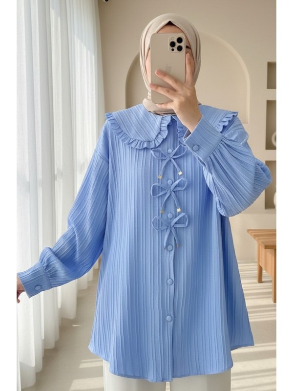 Önü Kurdele Detaylı Düğmeli Önlük Yaka Gömlek -Mavi