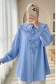 Önü Kurdele Detaylı Düğmeli Önlük Yaka Gömlek -Mavi