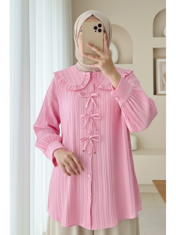 Önü Kurdele Detaylı Düğmeli Önlük Yaka Gömlek -Pembe