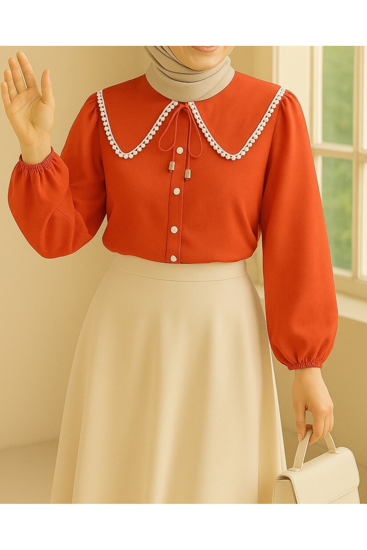 Bebe Yaka Dantelli Kolu Lastikli Gömlek   -Nar Çiçeği