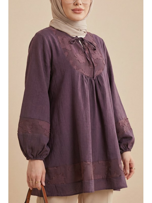 Yakası Bağlamalı Kolu Lastikli Garnili Modal Tunik  -Mürdüm