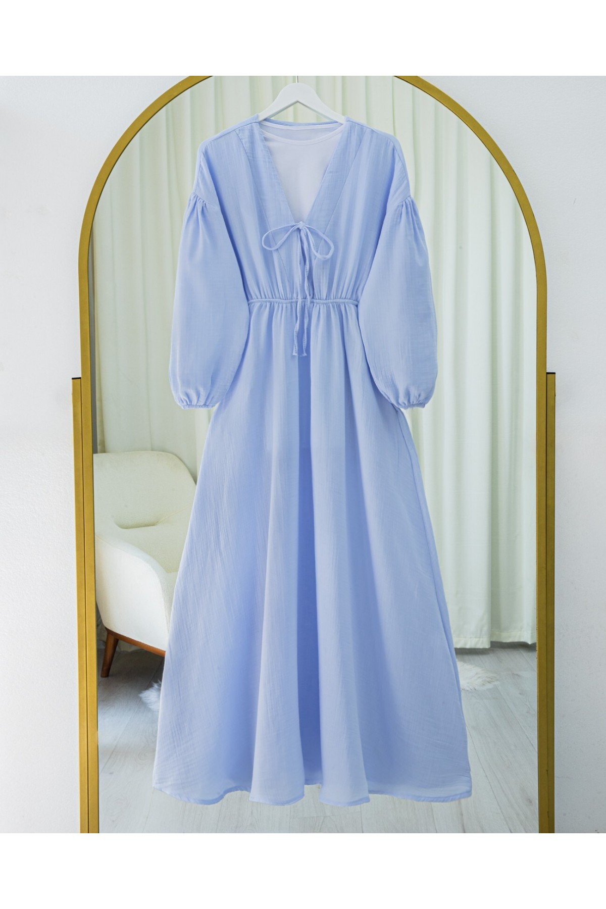 Yakası Bağlamalı Kolu Ve Beli Lastikli Müslin Elbise -Bebe Mavi