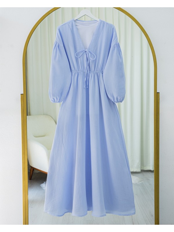 Yakası Bağlamalı Kolu Ve Beli Lastikli Müslin Elbise -Bebe Mavi