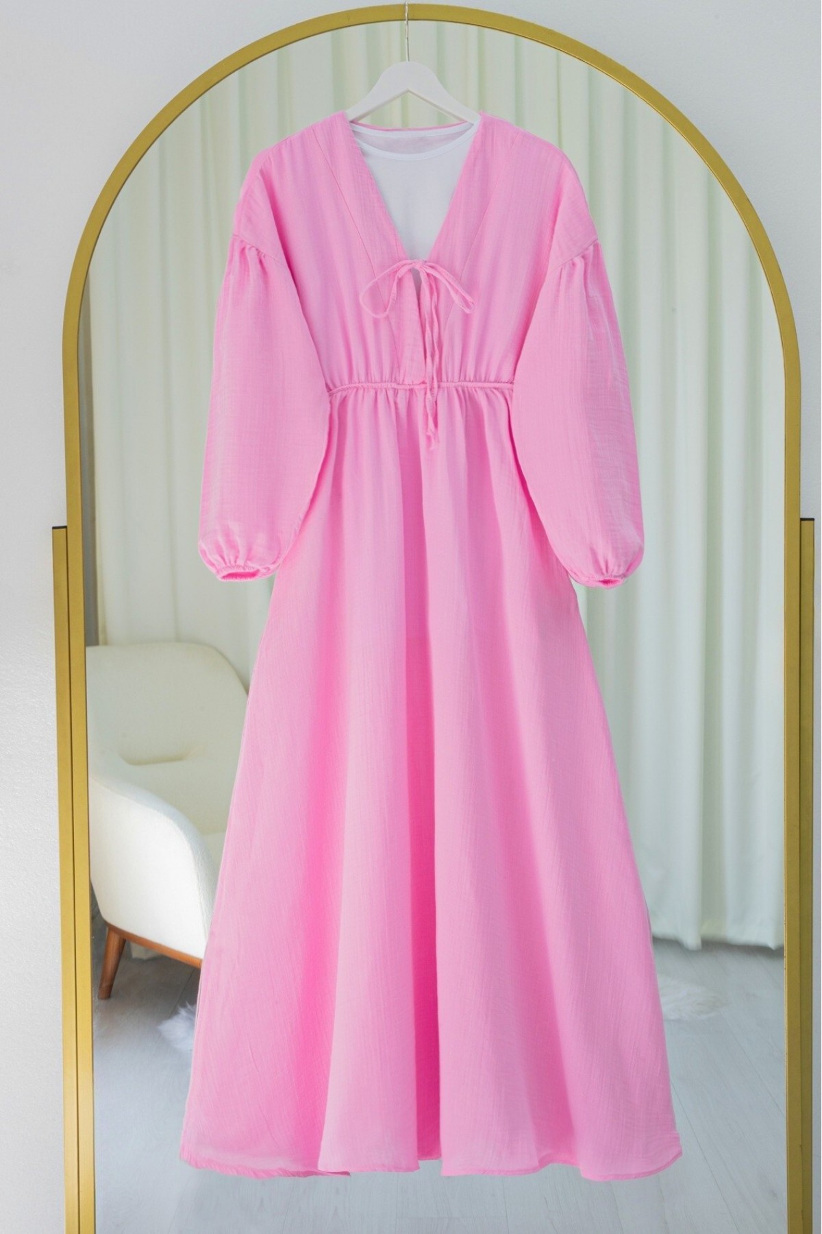 Yakası Bağlamalı Kolu Ve Beli Lastikli Müslin Elbise -Pembe