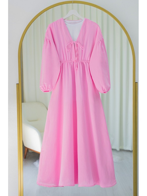 Yakası Bağlamalı Kolu Ve Beli Lastikli Müslin Elbise -Pembe