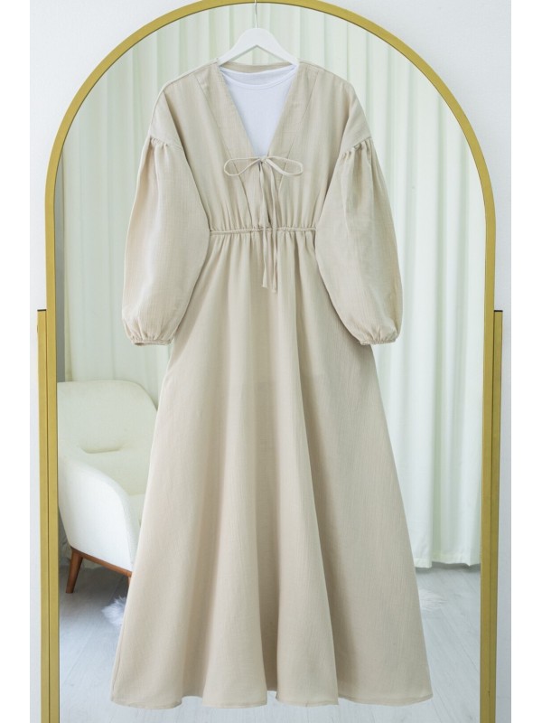 Yakası Bağlamalı Kolu Ve Beli Lastikli Müslin Elbise -Taş