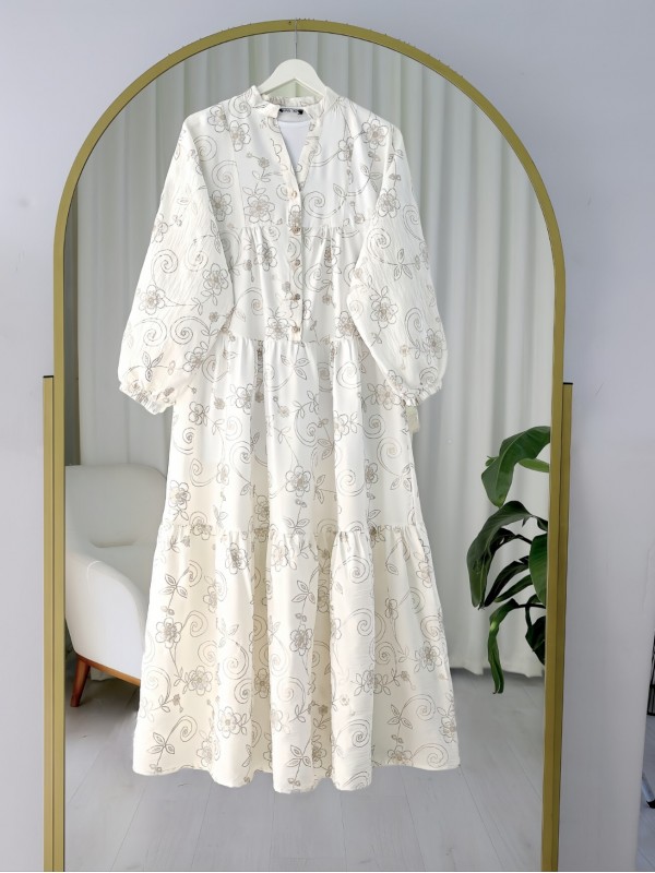 Kolu Lastikli Yarım Düğmeli Jakar Baskılı Parçalı Elbise -Beyaz