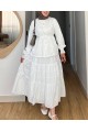 Önü Düğmeli Beli Bağcıklı Kolu Lastikli Etekli Dantelli Takım -Beyaz