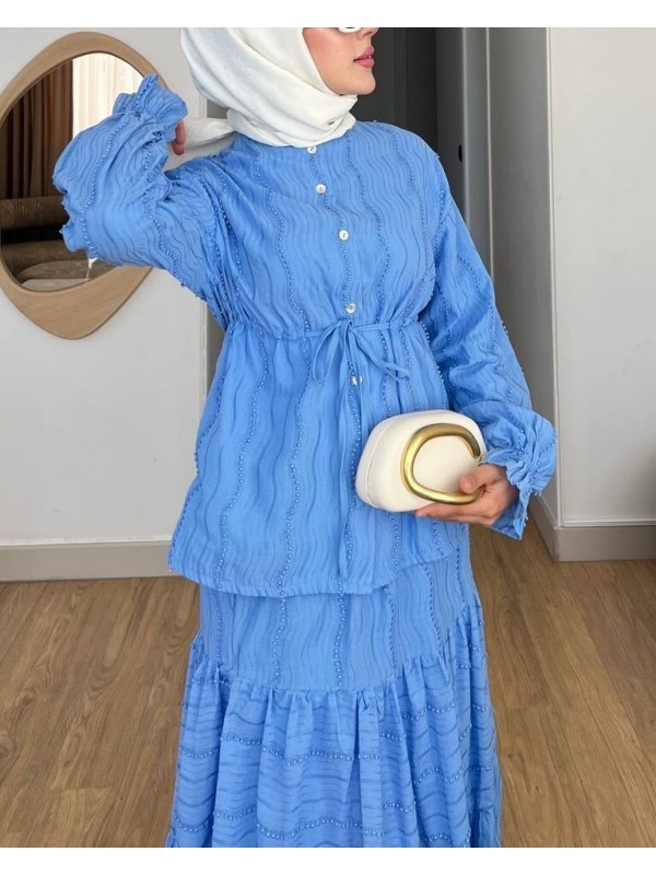 Önü Düğmeli Beli Bağcıklı Kolu Lastikli Etekli Dantelli Takım -Mavi