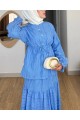 Önü Düğmeli Beli Bağcıklı Kolu Lastikli Etekli Dantelli Takım -Mavi