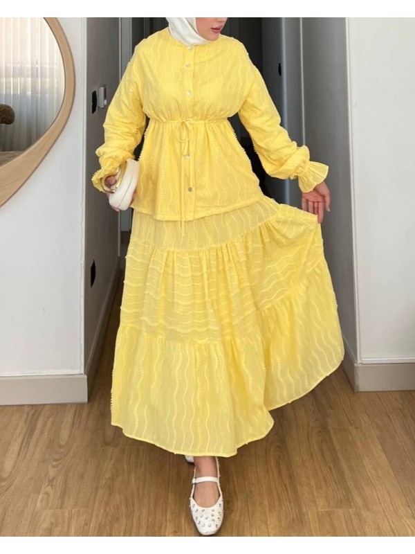 Önü Düğmeli Beli Bağcıklı Kolu Lastikli Etekli Dantelli Takım -Sarı